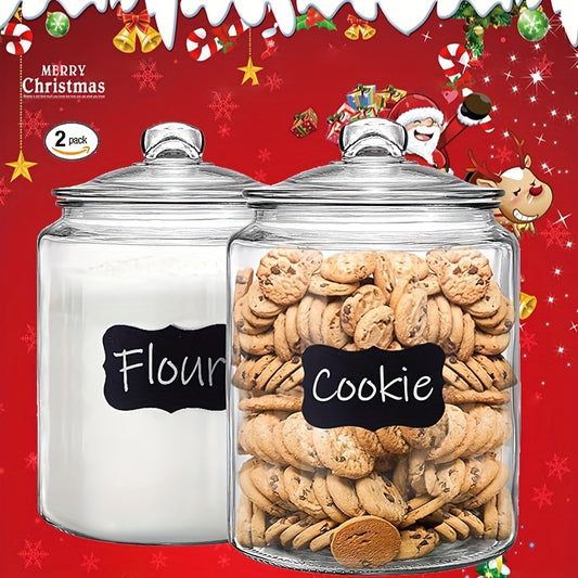 Glass Pantry Jars with Clamshell Lid Set of 2 - Airtight Food Storage Containers for Kitchen Countertop, Includes Spoons, Label Pen & Stickers, Reusable Round Glass Jars for Coffee, Pasta, Candy