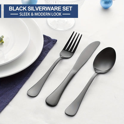 Stainless Steel Silverware Set with Steak Knives 24 or 48 Piece – Mirror Polished Flatware Set Dishwasher Safe for 4 or 8 Silver Black