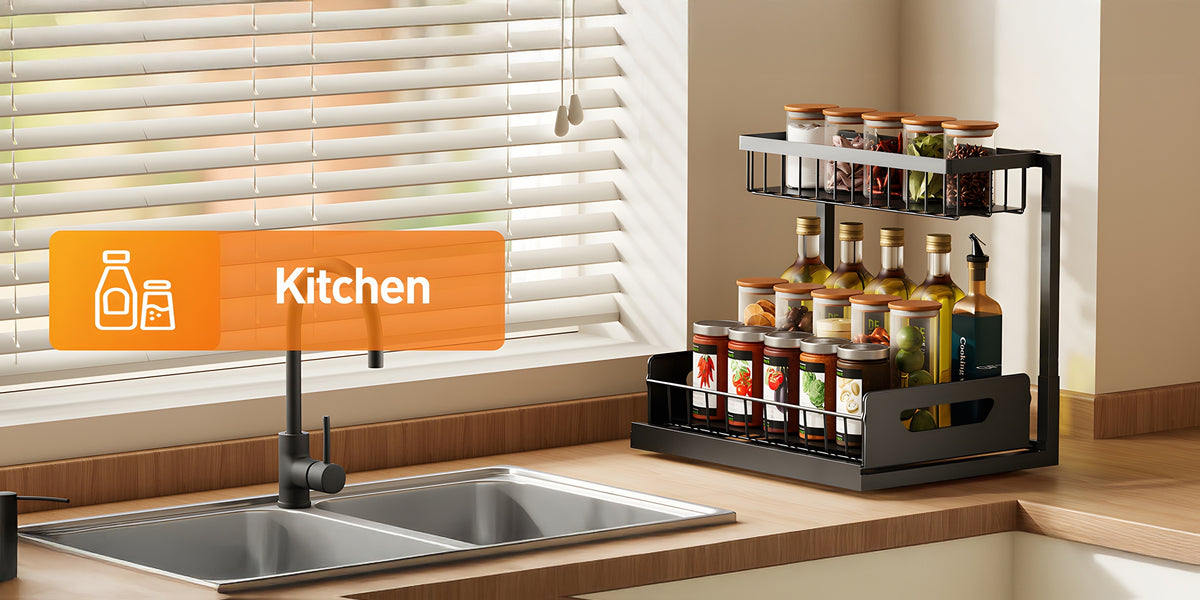 Under Sink Organizer 2-Tier Pull-Out Cabinet Storage with Metal Sliding Drawers – Kitchen Bathroom Countertop Tabletop Organizer Rack, Space-Saving Push-Pull Shelf for Kitchen Accessories, 1 or 2 Pack