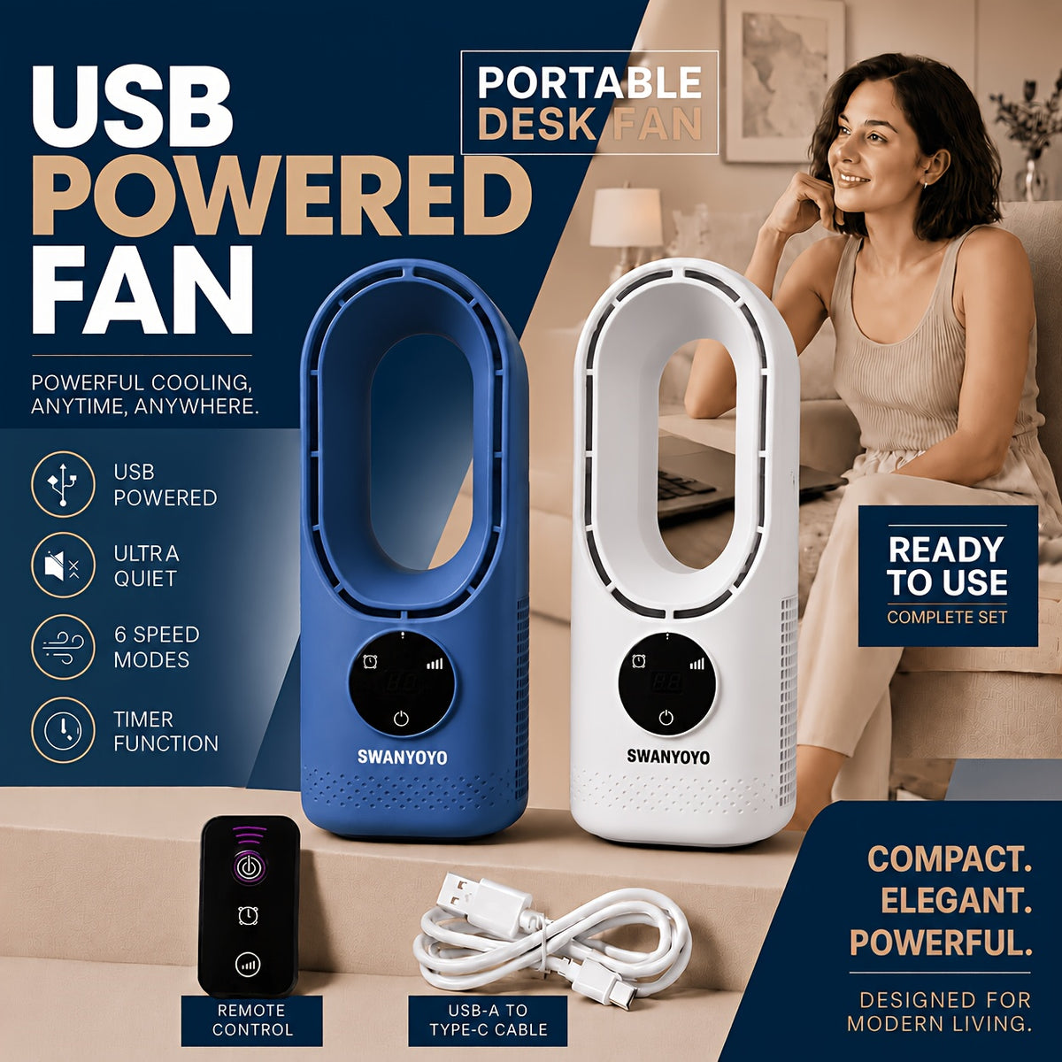 Desktop Bladeless Fan USB Powered – Water Mist Cooling Tower Fan with Remote Control, Touch Screen, 7-Color LED Light, Timer & Auto Shutdown, Portable for Office Home Travel Camping, Blue or White