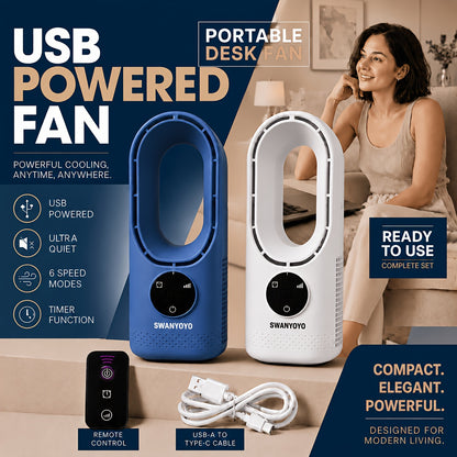 Desktop Bladeless Fan USB Powered – Water Mist Cooling Tower Fan with Remote Control, Touch Screen, 7-Color LED Light, Timer & Auto Shutdown, Portable for Office Home Travel Camping, Blue or White