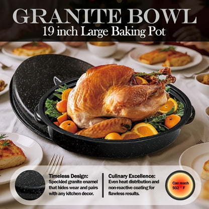 Granite Enamel Roasting Pan with Lid, Nonstick Carbon Steel Turkey Roaster for Oven, Large Bakeware for Chicken Roasting Soup Stew, Available in 13 and 16 Inch in Red Black and Blue