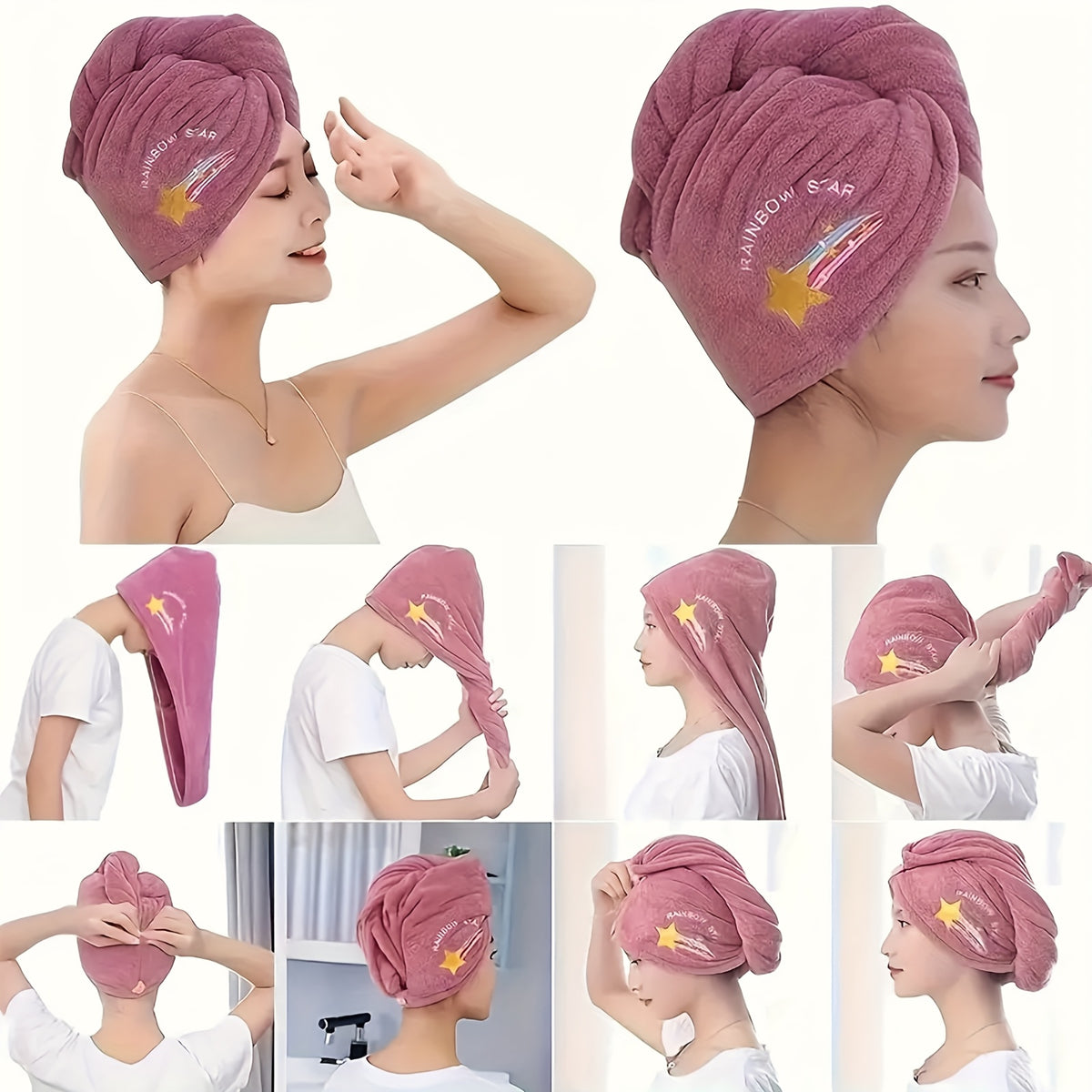 Microfiber Hair Towel Wrap 4pcs Quick Dry Turban Set – Coral Fleece Soft Hair Drying Cap with Embroidery for Women Wet Hair, Rapid Drying Hair Towel