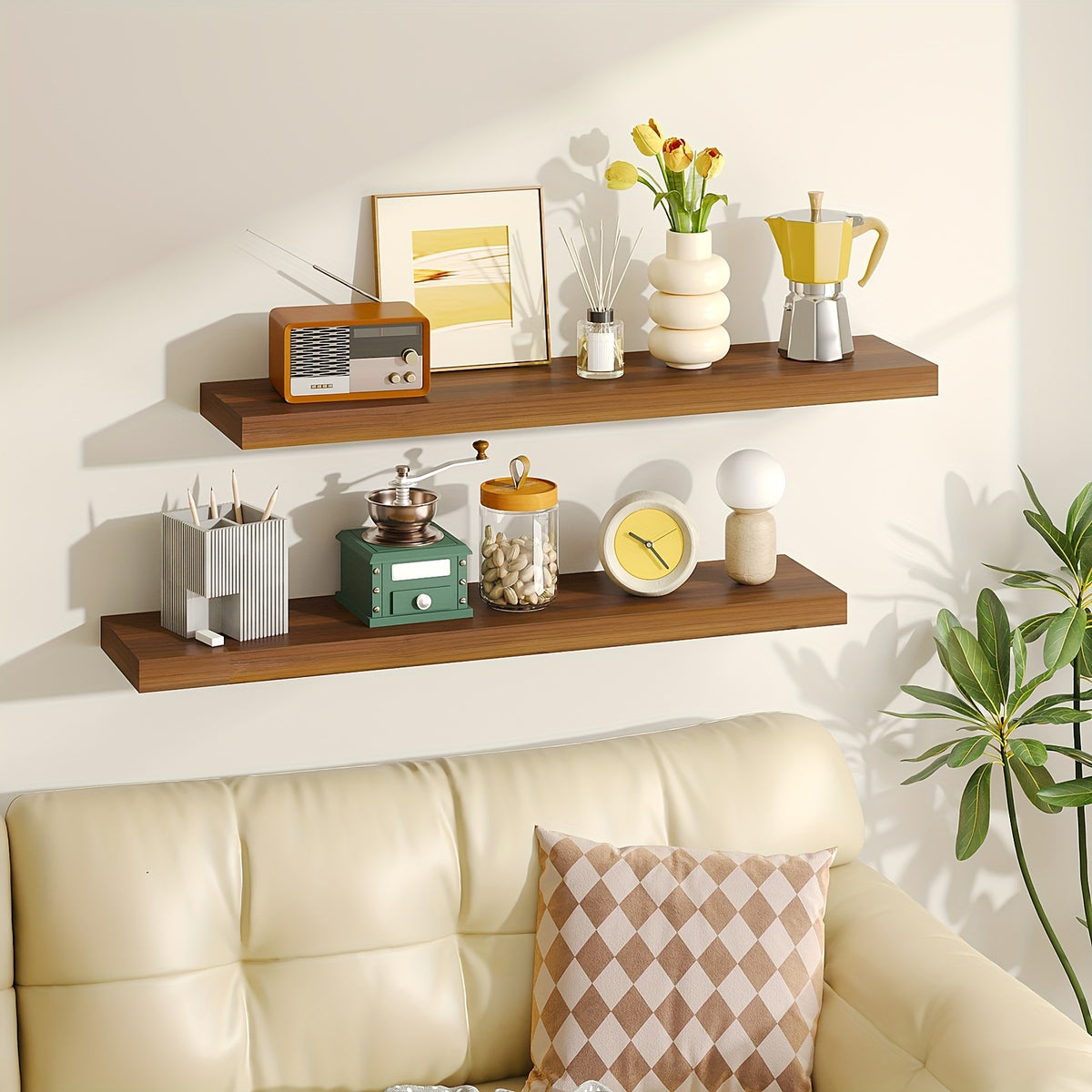 Invisible Bracket Floating Shelves 4 Pack 22 Inch Wall Mounted Wood Shelf for Bathroom Bedroom Living Room Kitchen Decor, Sturdy Wall Shelves Set with Hidden Brackets Walnut Light Brown White Black