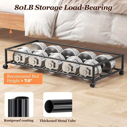 Under Bed Storage Boxes with Wheels 2-Pack - Sliding Wheeled Under Bed Organizer with Metal Drawer for Clothes, Shoes, Blankets, Bedding - Space Saving Bedroom Storage Solution, Black & Gray Options