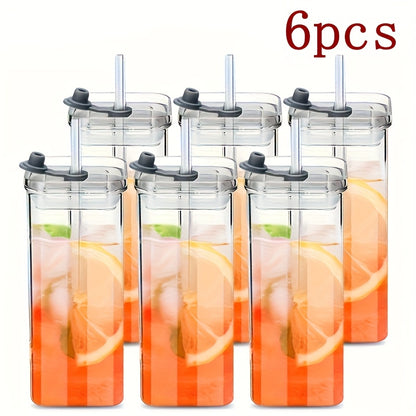 Borosilicate Glass Cups with Lid and Straw 4/6 Pack – Square Korean Style Drinking Glasses, BPA Free Leak Proof Transparent Tumblers for Coffee Juice Water, Multipurpose Kitchen Glassware Gift Set