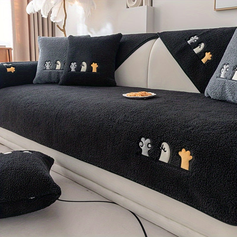 Sofa Cover Plush Shearling Non-Slip Pet-Friendly – Thick Couch Protector with Animal Bone Embroidery for 2 3 4 Seater, Soft Warm Slipcover for Living Room Bedroom Office in Dark Gray Off White Coffee Black