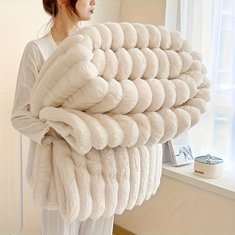 Soft Flannel Throw Blanket Rabbit Fur Texture Jacquard Geometric Pattern for Bed Couch Sofa - Cozy All Season Fleece Blanket for Nap Camping Office, Gift for Friends & Family (Ivory, Dark Gray, Pink, Linen)