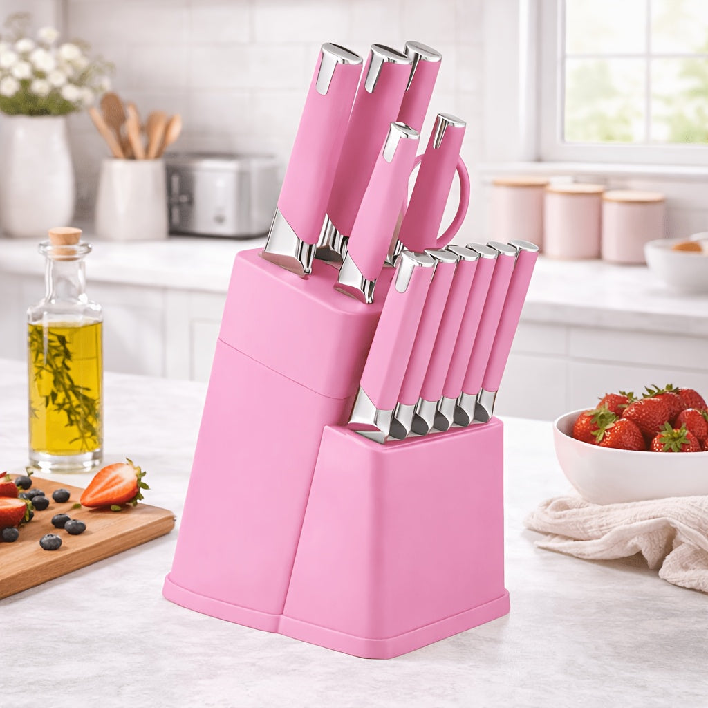 13-Piece Kitchen Knife Set with Block Holder - Chef Knife, Bread Knife, 6 Steak Knives & Scissors - Sharp Stainless Steel Blades, Durable Ergonomic Handle, Perfect Housewarming Gift for Home Kitchen
