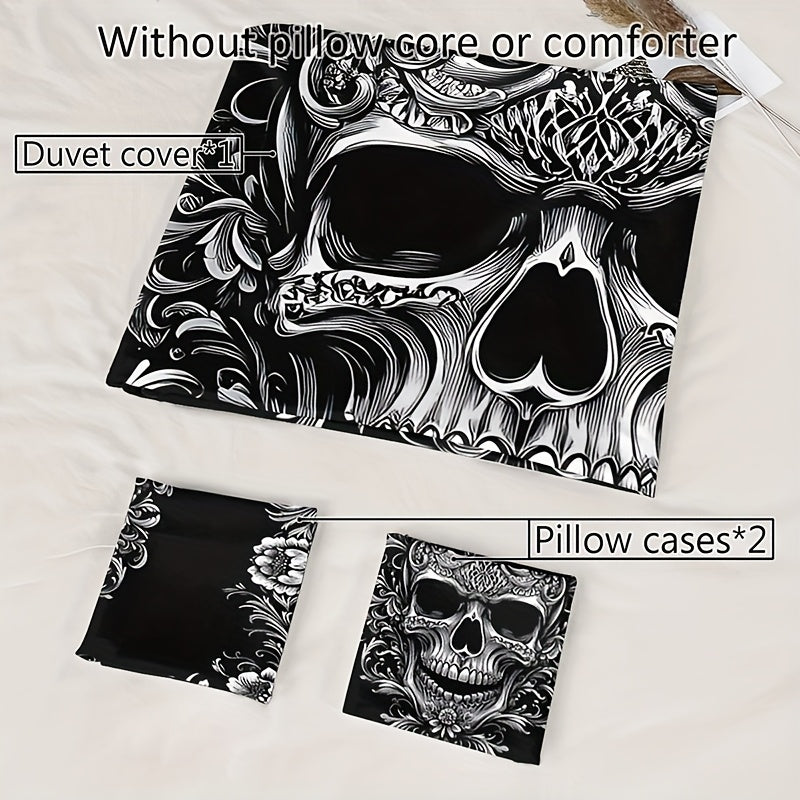 Skull Duvet Cover Set Queen King Twin Full – Gothic Victorian Baroque Black White Halloween Bedding 3-Piece Set with 2 Pillowcases, High Definition Print, Soft Microfiber