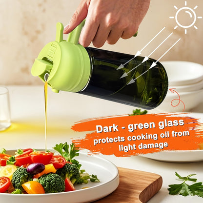 Glass Olive Oil Dispenser Bottle 2 Pack 16oz, 2-in-1 Oil Bottle and Cooking Oil Sprayer for Kitchen BBQ Salad, Premium Dark Green Black Glass Oil Dispenser with 6 Labels