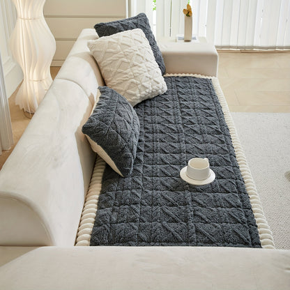 Bohemian Sofa Cover Quilted Plush with Ruffles – Machine Washable Couch Protector for Pets, Anti-Slip Furniture Cover for Armchair Loveseat 3 4 Seater Sofa