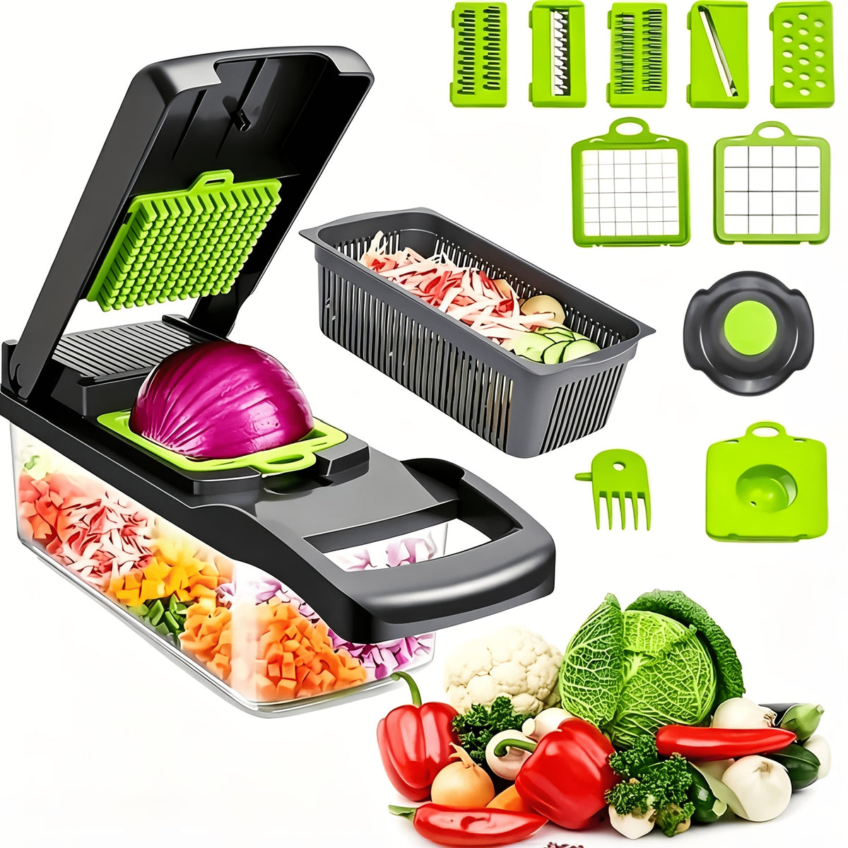 Vegetable Chopper 14-in-1 Multifunctional Food Chopper with Large Capacity Collector | Stainless Steel Blades, Egg Separator, Easy Clean, Dicer Slicer Grater for Vegetables Fruits