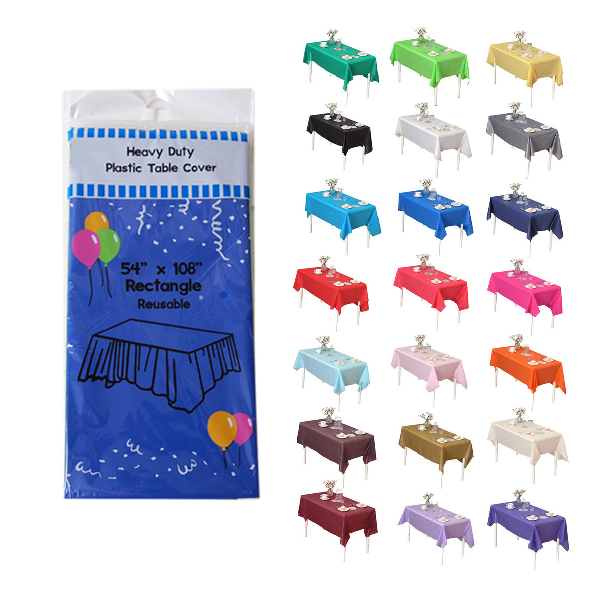 Disposable Plastic Tablecloth 12-Pack – Heavy Duty Table Cover for Parties, 84" Round & 54"x108" Rectangle, 22 Colors for Kitchen Dining Outdoor Events