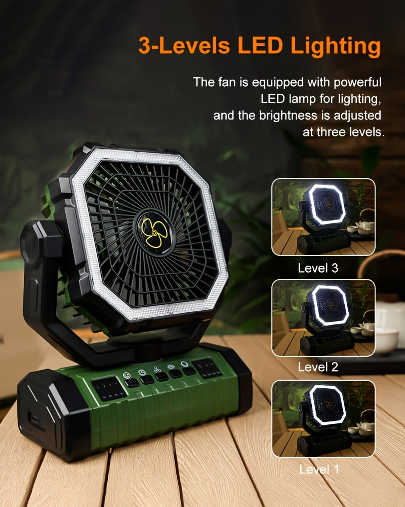 20000mAh Camping Fan with Built-In LED Light – USB Rechargeable Portable Outdoor Cooling Fan, Rugged Sturdy Handle for Tent Hiking Fishing, Compact Design, Green & Orange