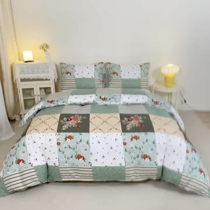 Floral Print Duvet Cover Set 3-Piece Kids Bedding with Zipper Closure, Patchwork Pastoral Style Comforter Cover + 2 Pillowcases, All-Season Lightweight, Twin Full Queen King – No Insert