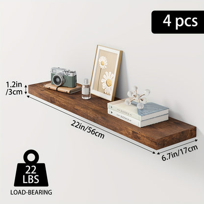 Invisible Bracket Floating Shelves 4 Pack 22 Inch Wall Mounted Wood Shelf for Bathroom Bedroom Living Room Kitchen Decor, Sturdy Wall Shelves Set with Hidden Brackets Walnut Light Brown White Black