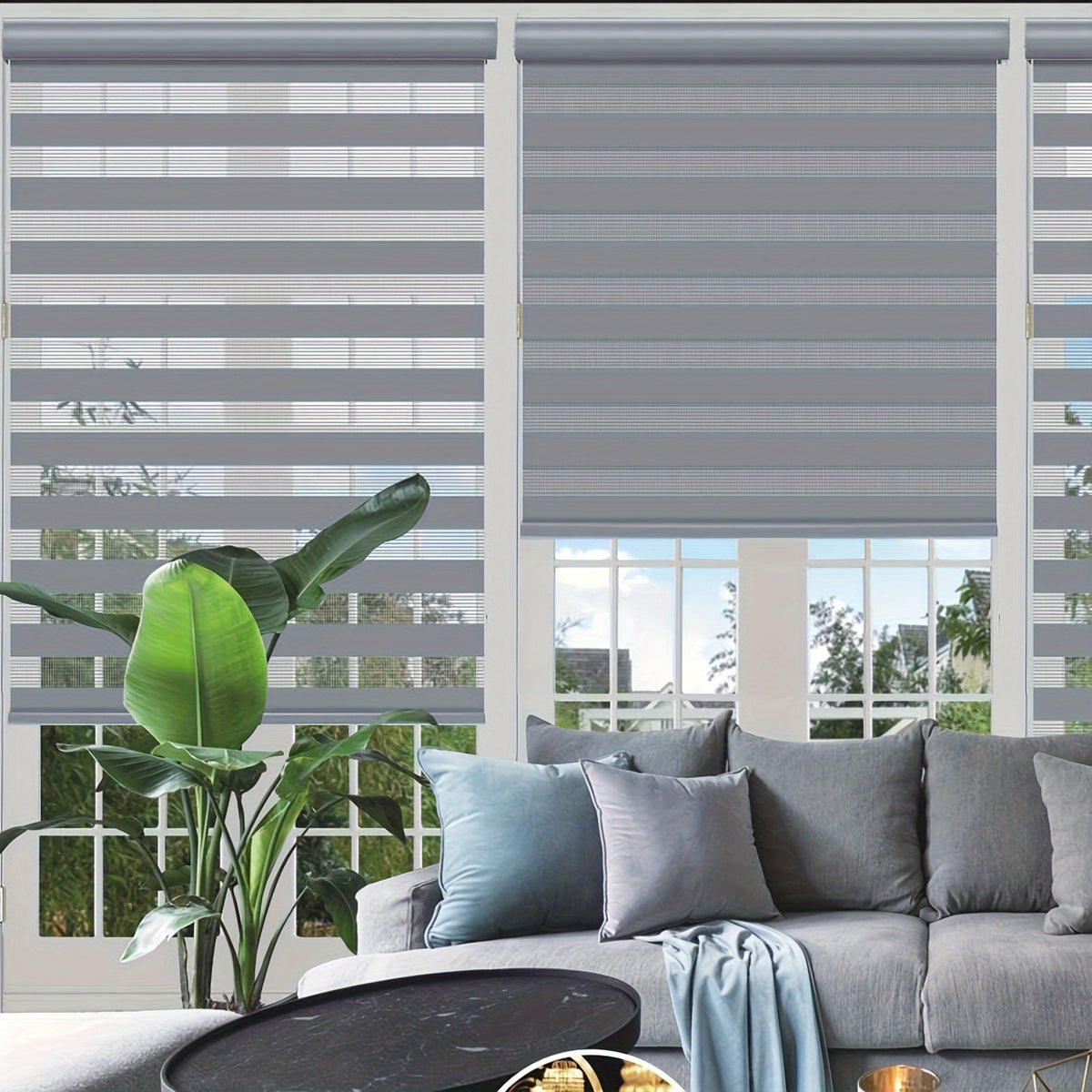 Cordless Zebra Roller Shade with Valance | Double Layer Day & Night Window Blind | Light Filtering & Room Darkening Window Treatment, Beige, Grey, White, Black