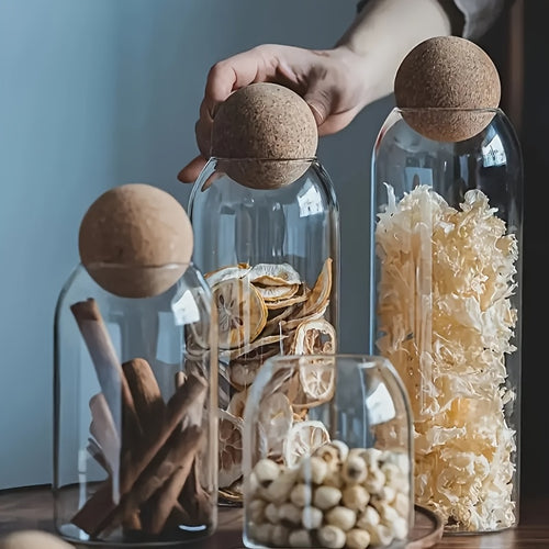 Glass Storage Jars with Cork Lids 3 Pack 17oz 500ml Round Airtight Containers for Kitchen Pantry Tea Nuts Candy Flowers, Reusable Glass Canisters with Spherical Cork Stopper Kitchen Organization