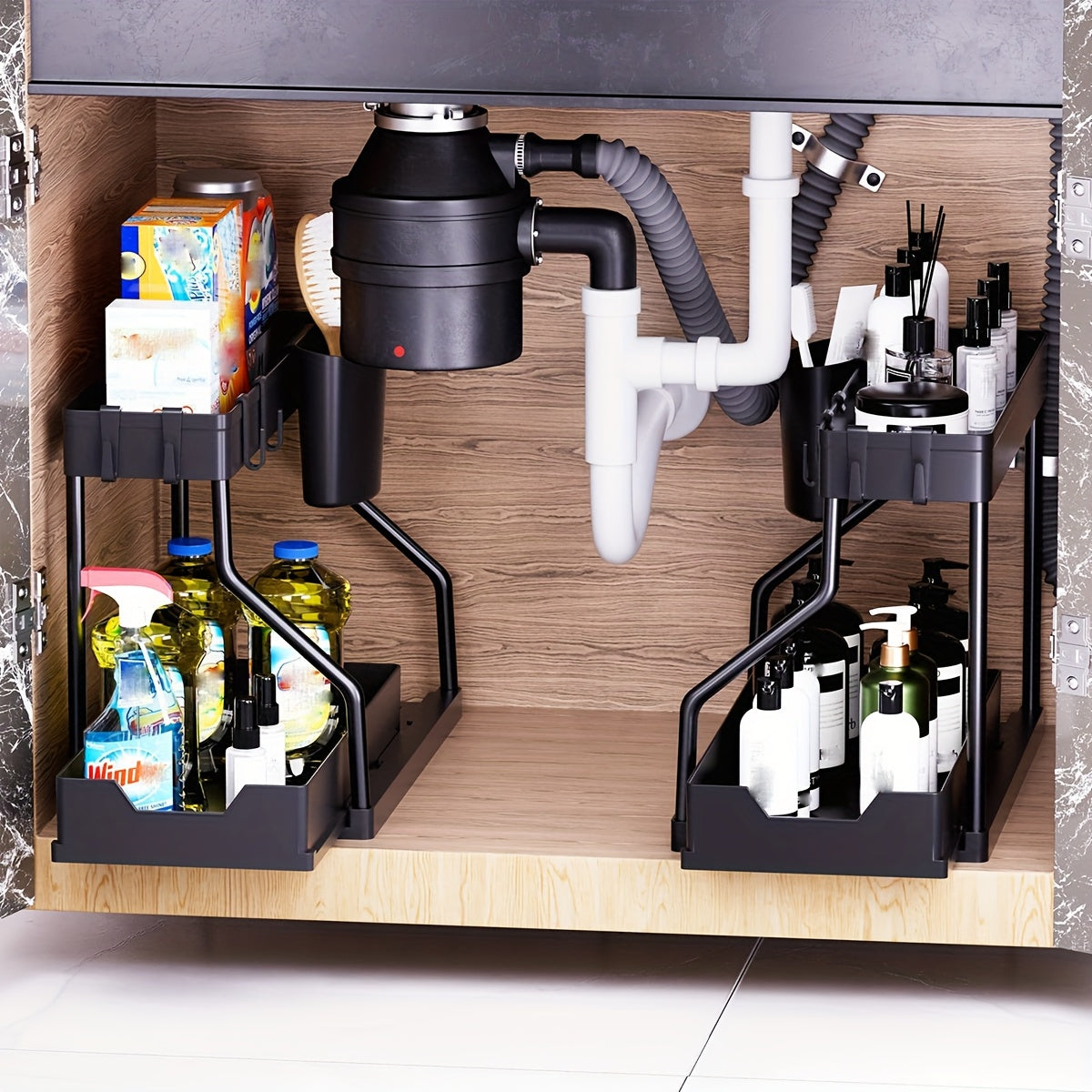 Under Sink Organizer 2 Pack Pull Out Sliding Shelf – Durable Cabinet Organizer with Sliding Drawers for Bathroom Kitchen Space-Saving Storage Solution – Black White Sleek Design
