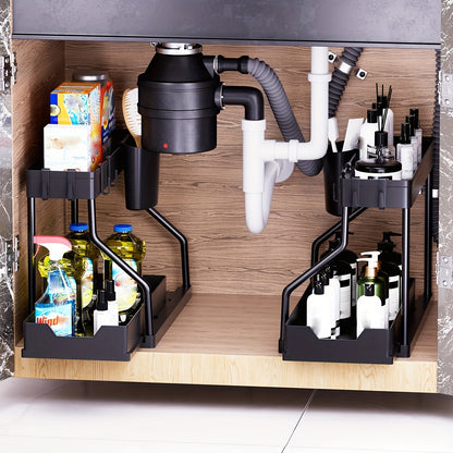 Under Sink Organizer 2 Pack Pull Out Sliding Shelf – Durable Cabinet Organizer with Sliding Drawers for Bathroom Kitchen Space-Saving Storage Solution – Black White Sleek Design