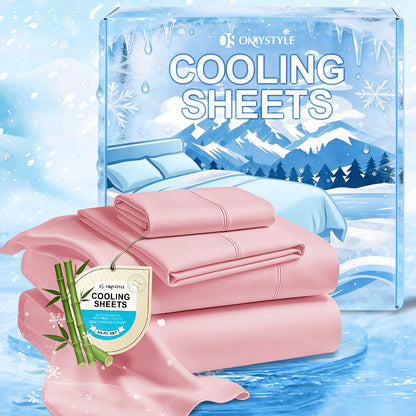 Ice-Cooling Bamboo Sheets Set Deep Pocket - Ultra Soft Breathable Skin-Friendly Fitted Sheet Flat Sheet & Pillowcases, Wrinkle-Free, All Season, Kids & Hot Sleepers, Twin Full Queen King
