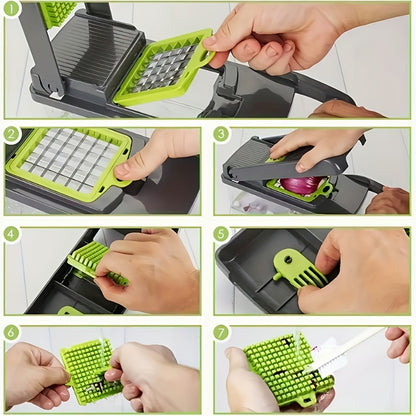 Manual Food Chopper 16-in-1 with 8 Interchangeable Blades, BPA-Free Container, Peeler & Filter – Onion Dicer, Garlic Mincer, Carrot Slicer, Vegetable Chopper for Quick Meal Prep, Kitchen Gadget