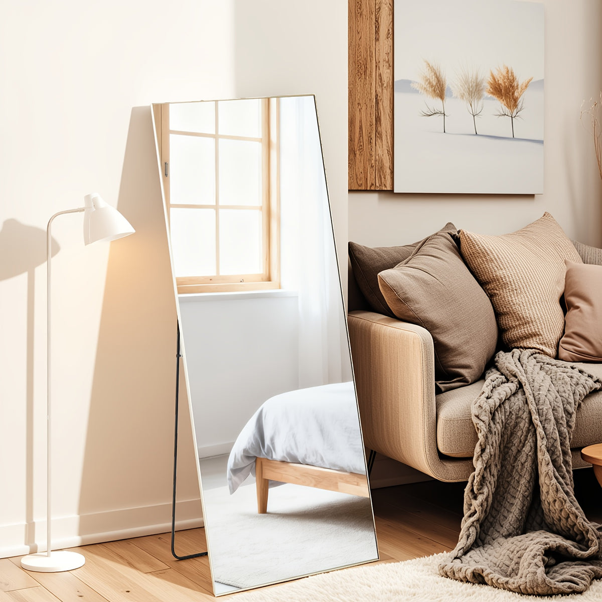 Full Length Mirror Floor Standing – Arched, Angle & Rectangle Full Body Mirror with Thin Steel Frame, Freestanding Leaning or Wall Hanging for Bedroom Bathroom Hotel, Black or Gold