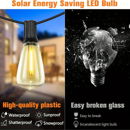 Solar Outdoor String Lights 50FT 100FT 2700K Warm White Patio String Lights USB Rechargeable Breakproof ST38 Bulb Weather Resistant for Backyard Porch Pool Garden