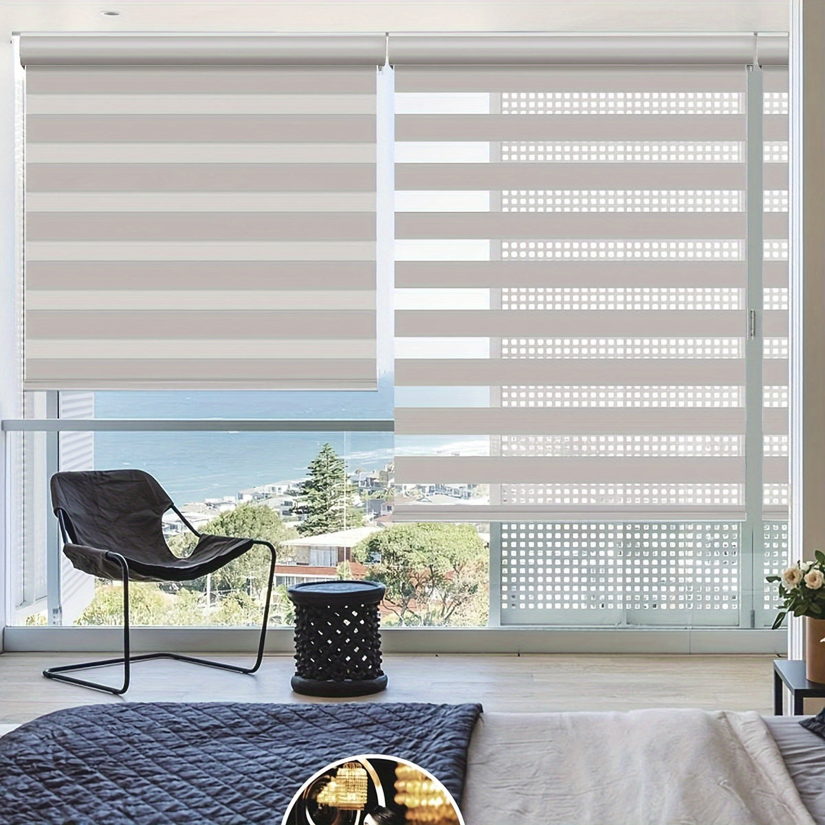 Cordless Zebra Roller Shade with Valance | Double Layer Day & Night Window Blind | Light Filtering & Room Darkening Window Treatment, Beige, Grey, White, Black