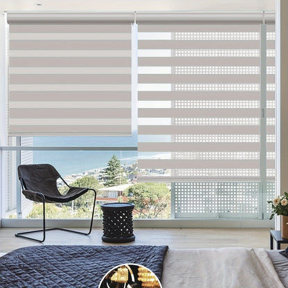 Cordless Zebra Roller Shade with Valance | Double Layer Day & Night Window Blind | Light Filtering & Room Darkening Window Treatment, Beige, Grey, White, Black