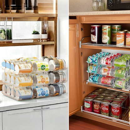 Pantry Can Storage Rack Holds 36 Cans – 3-Tier Auto-Rolling Stackable Can Organizer in Transparent PET for Soda, Soup & Vegetable Cans, Tool-Free Assembly for Kitchen, Pantry, Garage & Dorm