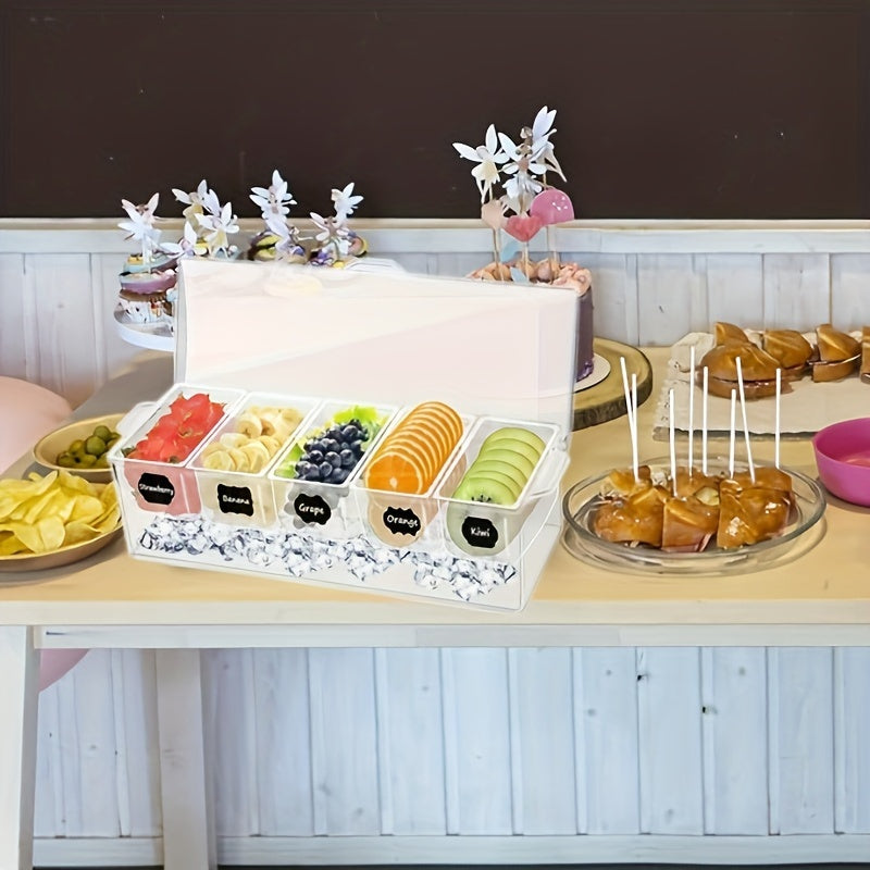 Portable Fruit Serving Tray with Lid & 5 Compartments - Chilled Salad Bowl with 5 Forks & 2 Tongs, Detachable Party Platter for Entertainment, Bar Decor & Buffet Serving