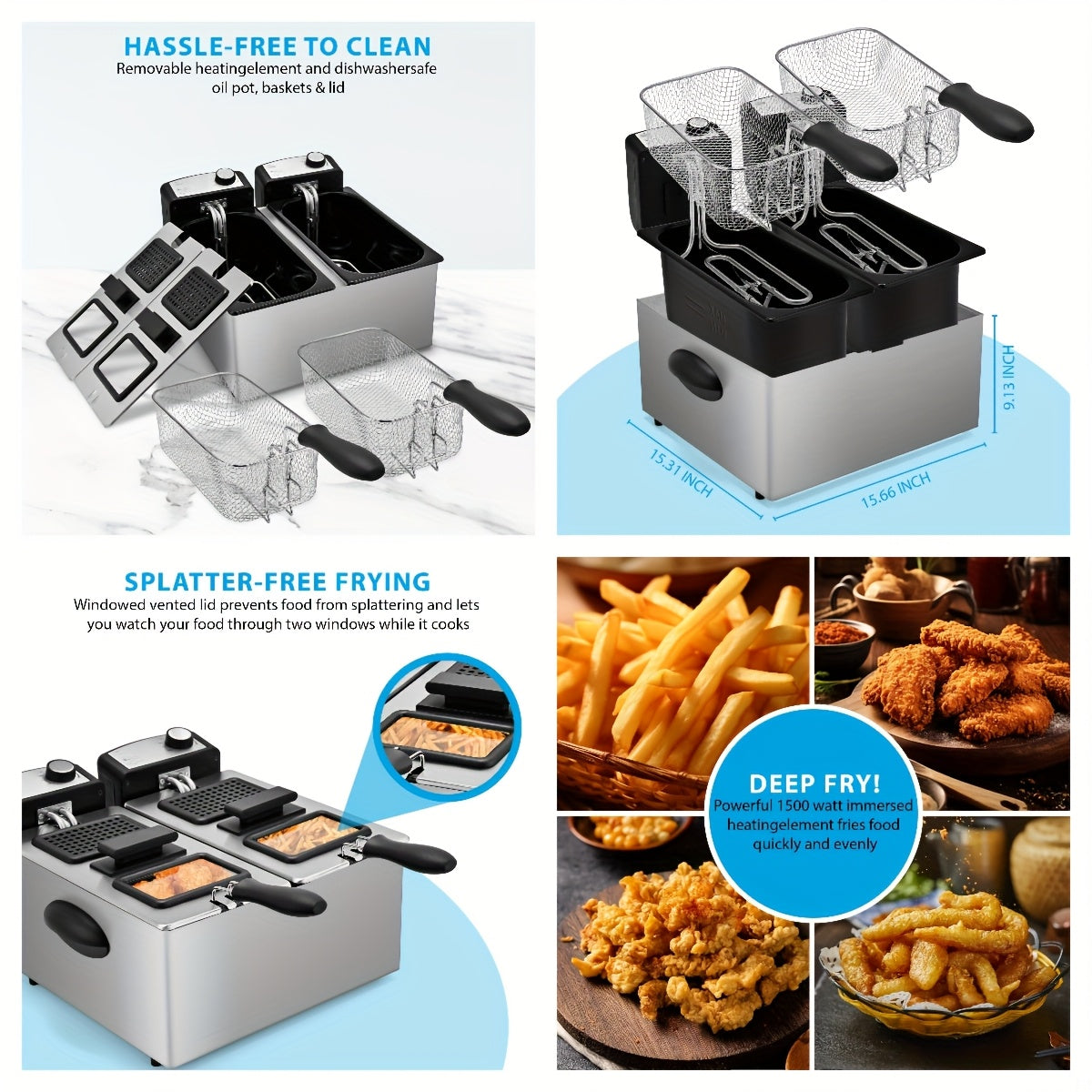 Home Deep Fryer with Basket Stainless Steel – 1.5L 2.5L 3L 6L Oil Fryer Adjustable Temperature 266–374°F Viewing Window Lid Cool-Touch Handle Easy Clean Kitchen Cooking Appliance