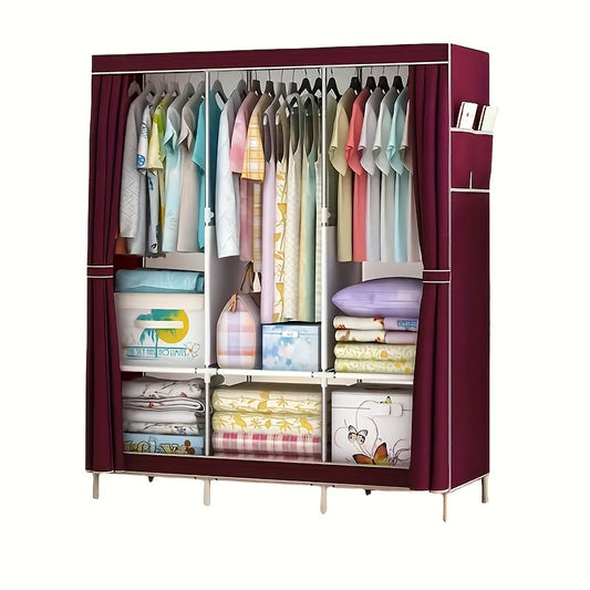 Portable Wardrobe Closet with Stainless Steel Frame – Freestanding 67" Clothes Storage Organizer with Non-Woven Dustproof Cover & Visible Grid Shelves for Bedroom Apartment Dorm Shoes & Accessories