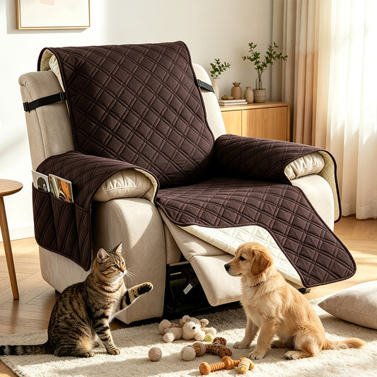 Waterproof Recliner Cover with Side Pockets – Non-Slip Quilted Recliner Slipcover, Scratch-Resistant & Machine Washable, Pet & Kid Friendly Furniture Protector