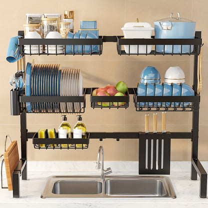 Over Sink Dish Drying Rack 3 Tier Adjustable Expandable - Stainless Steel Kitchen Organizer with Baskets, Utensil Holder, Knife & Cutting Board Holder - Space Saving Dish Drainer for Counter, Black
