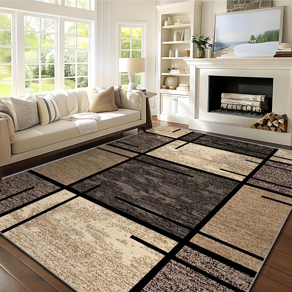 Velvet Area Rug Machine Washable – 850 GSM Thick Soft Fade-Resistant Polyester Carpet with Geometric Pattern for Living Room Bedroom Office, Lightweight Non-Slip Rectangle Mat, Beige Brown