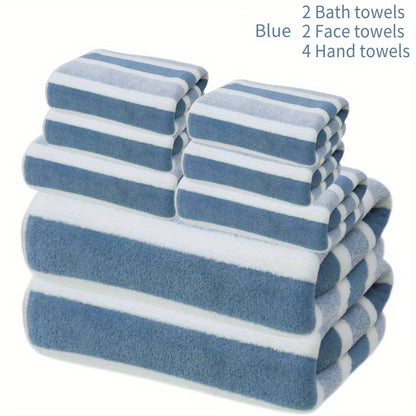 Bath Towel Set 8 Piece - Super Absorbent Soft Two-Color Striped Bathroom Towels, 2 Bath Towels 2 Face Towels 4 Hand Towels, No Hair Loss, Grey Red Blue Green