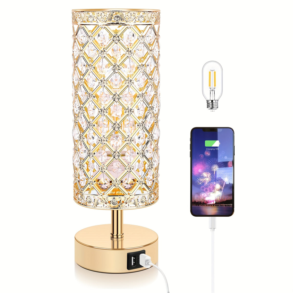 Crystal Table Lamp with Touch Control & 2 USB Ports – 3-Way Dimmable Bedside Nightstand Light for Bedroom, Living Room & Office, LED Bulb Included