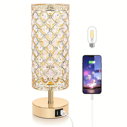 Crystal Table Lamp with Touch Control & 2 USB Ports – 3-Way Dimmable Bedside Nightstand Light for Bedroom, Living Room & Office, LED Bulb Included