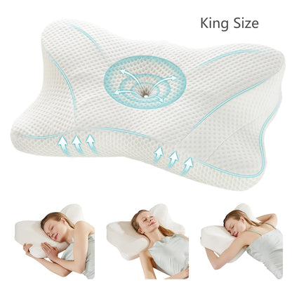 Cervical Neck Pillow Memory Foam Ergonomic Contour for Side Back Stomach Sleepers - Orthopedic Neck Support with Cooling Pillowcase, Grey White King Standard 2-Pack