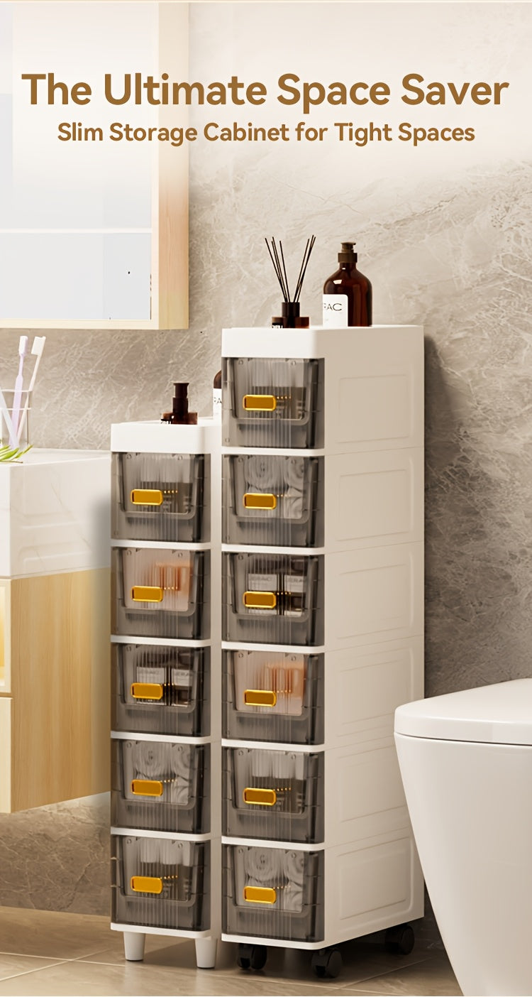 Slim Storage Cabinet with Drawers 3 4 5 6 Tier, Waterproof PP Plastic Drawer Organizer Unit for Bathroom Kitchen Bedroom, Narrow Rolling Storage Cart with Wheels for Small Spaces