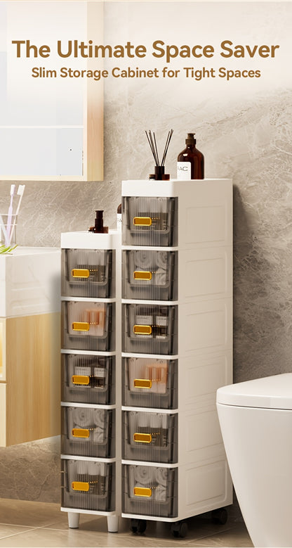 Slim Storage Cabinet with Drawers 3 4 5 6 Tier, Waterproof PP Plastic Drawer Organizer Unit for Bathroom Kitchen Bedroom, Narrow Rolling Storage Cart with Wheels for Small Spaces