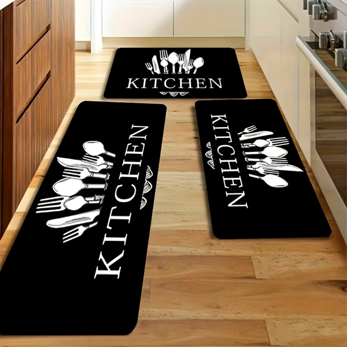 Alphabet Kitchen Mat Set 3 Piece – Knife & Fork Pattern Non-Slip Soft Washable Floor Rugs for Kitchen, Bedroom, Living Room, Dining Room & Bathroom, Decorative Home Accent Mats, Gift Idea