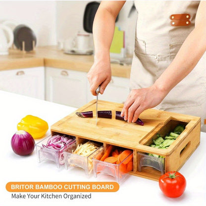 Bamboo Cutting Board with Trays and Drawers, Large Chopping Board with Food Sliding Opening and Stackable Airtight Containers for Food Storage Transport and Cleanup, Kitchen Gift for Home Cooks
