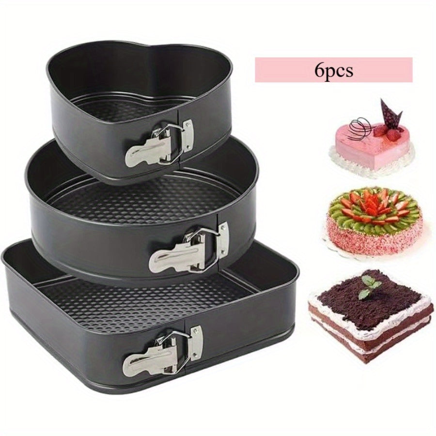 Removable Bottom Cake Pan Set 6 Piece – Carbon Steel Springform Baking Pans in 3 Shapes Square Round Heart for Chiffon Mousse Cheesecake, Non-Stick Wedding & Birthday Bakeware Set