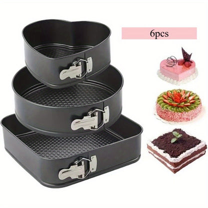 Removable Bottom Cake Pan Set 6 Piece – Carbon Steel Springform Baking Pans in 3 Shapes Square Round Heart for Chiffon Mousse Cheesecake, Non-Stick Wedding & Birthday Bakeware Set