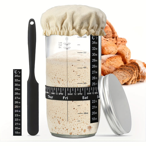 24oz Glass Fermentation Jar Kit with Thermometer, Scraper, Cloth & Aluminum Lid - Bread Baking & Juice Fermentation Set, 1 or 2 Pack