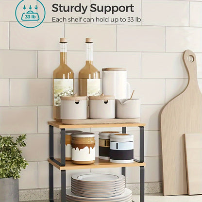 Adjustable Stackable Shelf Organizer Set of 2 – Wooden Cabinet Storage Rack for Kitchen Counter, Spice, Pantry, Bathroom & Under Sink, Space-Saving Home Organization